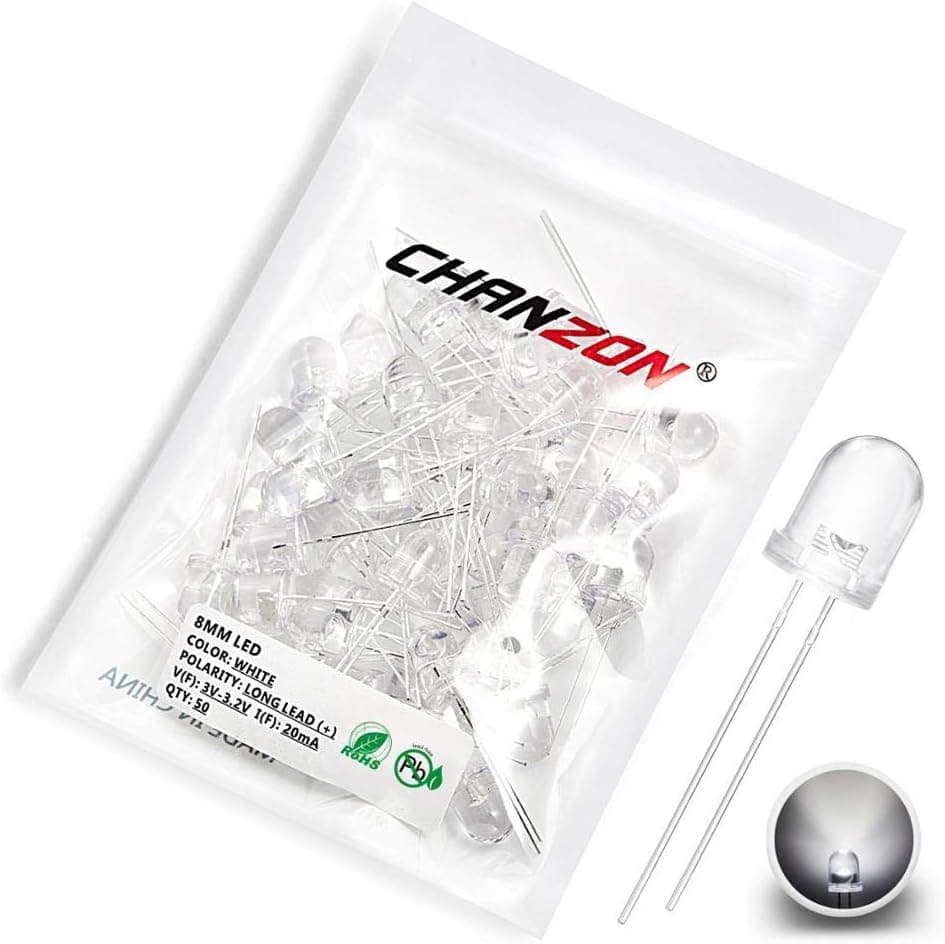 Chanzon 50 pcs 8mm White LED Diode Lights (Clear Round Transparent DC 3V 20mA) Bright Lighting Bulb Lamps Electronics Components Indicator Light Emitting Diodes