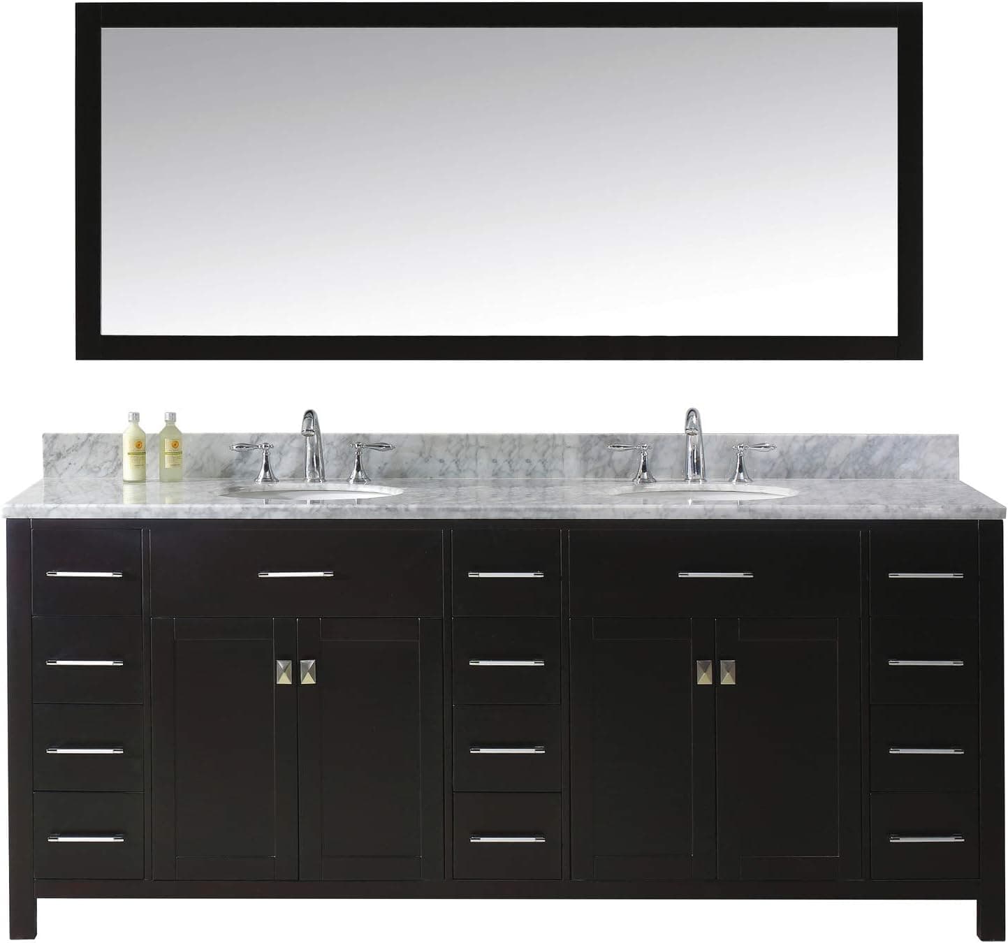 Virtu USA Caroline Parkway 78 inch Double Sink Bathroom Vanity Set in Espresso w/Round Undermount Sink, Italian Carrara White Marble Countertop, No Faucet, 1 Mirror - MD-2178-WMRO-ES