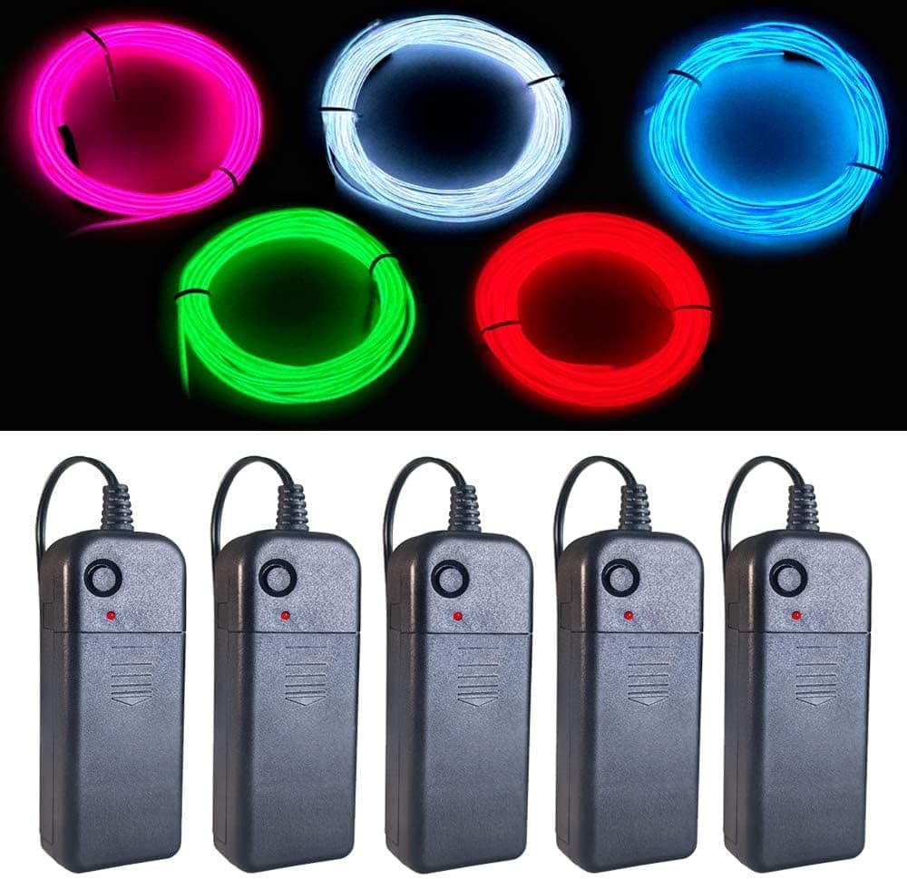 MaxLax EL Wire 5 Pack, 16.4ft Neon Light Wire Noise Reduction with Battery Pack(Green, Blue, Red, White, Pink)… (16.4ft)