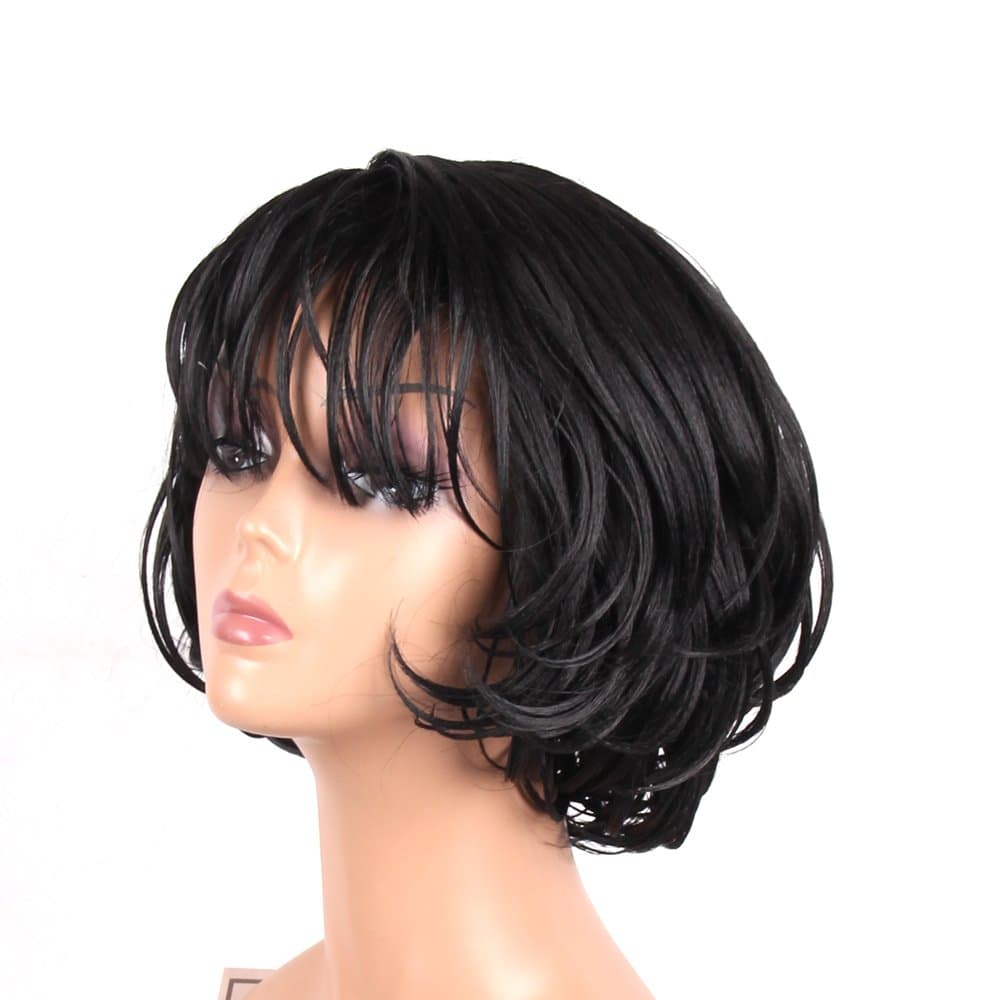 Jiayi Short Bob Wavy Hair Wigs with Bangs for Women Heat Resistant Synthetic Hair Black Women's Wig for Daily Wear (8Inches,1B#)