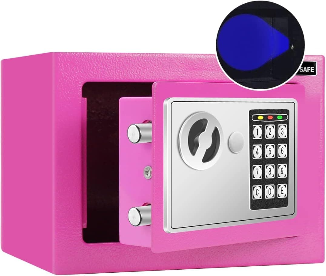 JUGREAT Safe Box with Induction Light,Electronic Digital Security Safe Steel Construction Hidden with Lock,Wall or Cabinet Anchoring Design for Home Office Hotel Business 0.23 Cubic Feet Pink