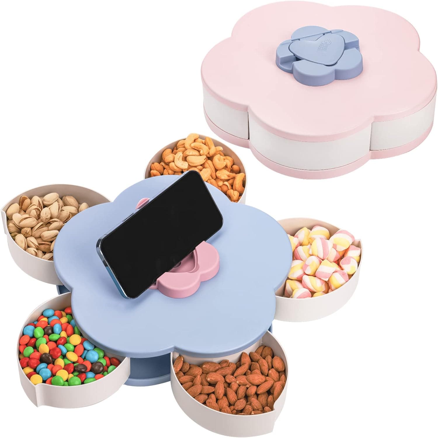 Elsjoy Set of 2 Rotating Snack Trays, Plastic Divided Serving Tray Candy and Nut Container with Phone Holder Lid, Flower Petal 5 Compartments Appetizer Dish Box for Cookies, Dried Fruit