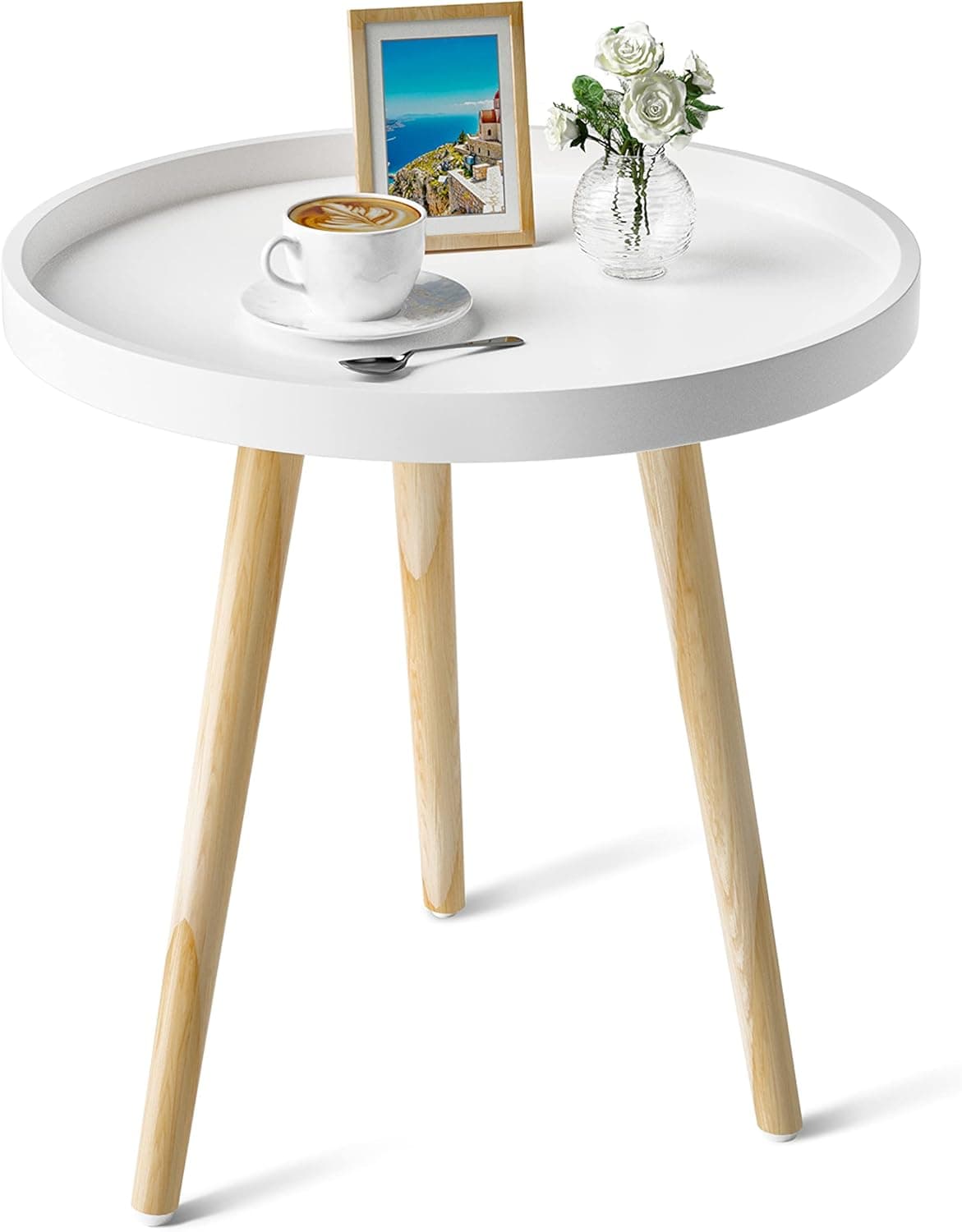 Side Table, OTTOLIVES White End Table, Small Sofa End Table Indoor Accent Table for Small Spaces, Living Room, Bedroom, Balcony, Easy Assembly Decor Bedside Table with Wood Legs (Wood)