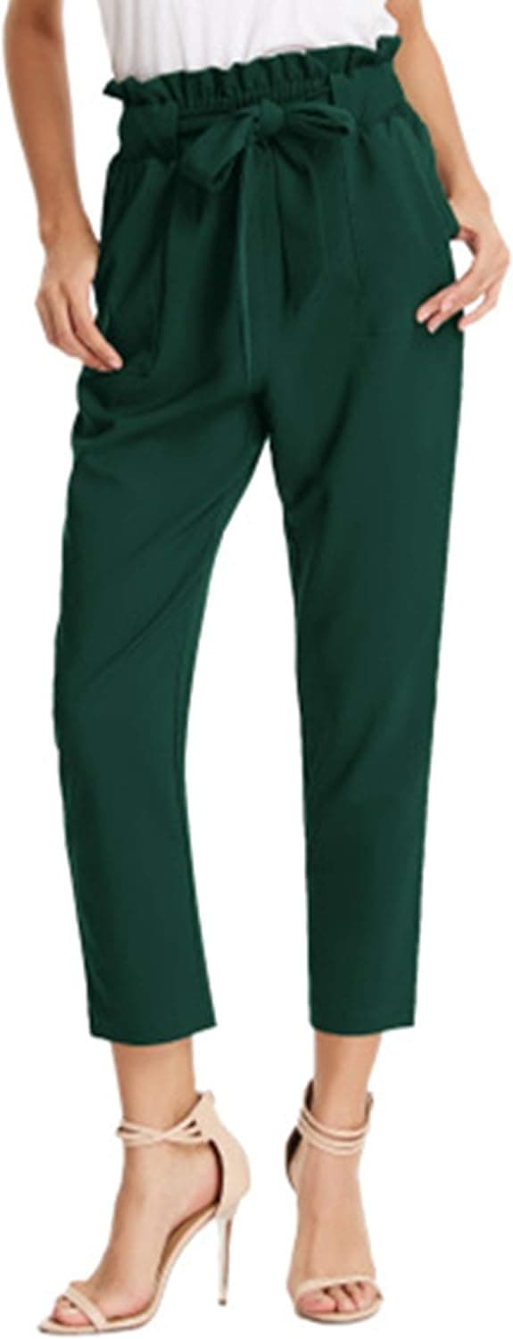 GRACE KARIN Women Pants Ruffled High Waist Casual Pants Cropped Striped Pants