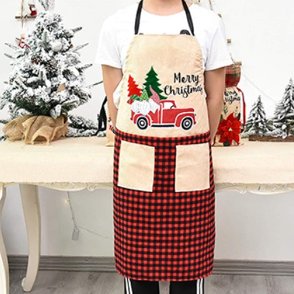 MINILIFE Linen Professional Bib Apron With 2 Pockets and Embroidered Red Truck Design for Home Kitchen, BBQ Grill, Baking and Garden, Great for Women and Men(Red Truck)