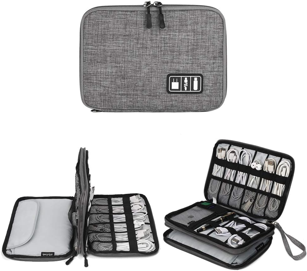Nasuque Electronics Organizer Electronic Accessories Double Layer | Travel Cable Organizer Cord Storage Bag | for Cables/iPad (Up to 7.9'')/Power Bank/USB Flash Drive | Grey