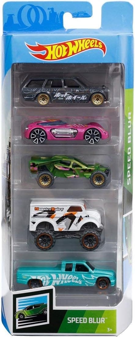 Hot Wheels 2019 Speed Blur 5-Pack (1971 Datsun 510 Wagon, Dodge XP-07, Team Corkscrew, Monster Dairy Delivery, Custom C3500)