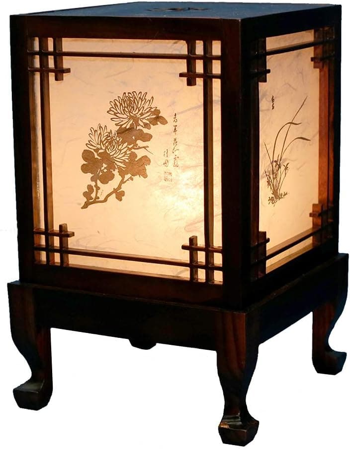 Antique Alive Carved Wood Lamp Handmade Traditional Korean Window Four Noble Beings Design Art Deco Lantern Brown Asian Oriental Bedside Bedroom Accent Unusual Table Light