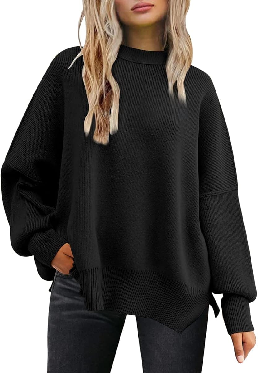 LILLUSORY Women Fall Crewneck Batwing Long Sleeve Sweater Oversized Ribbed Knit Side Slit Pullover Top