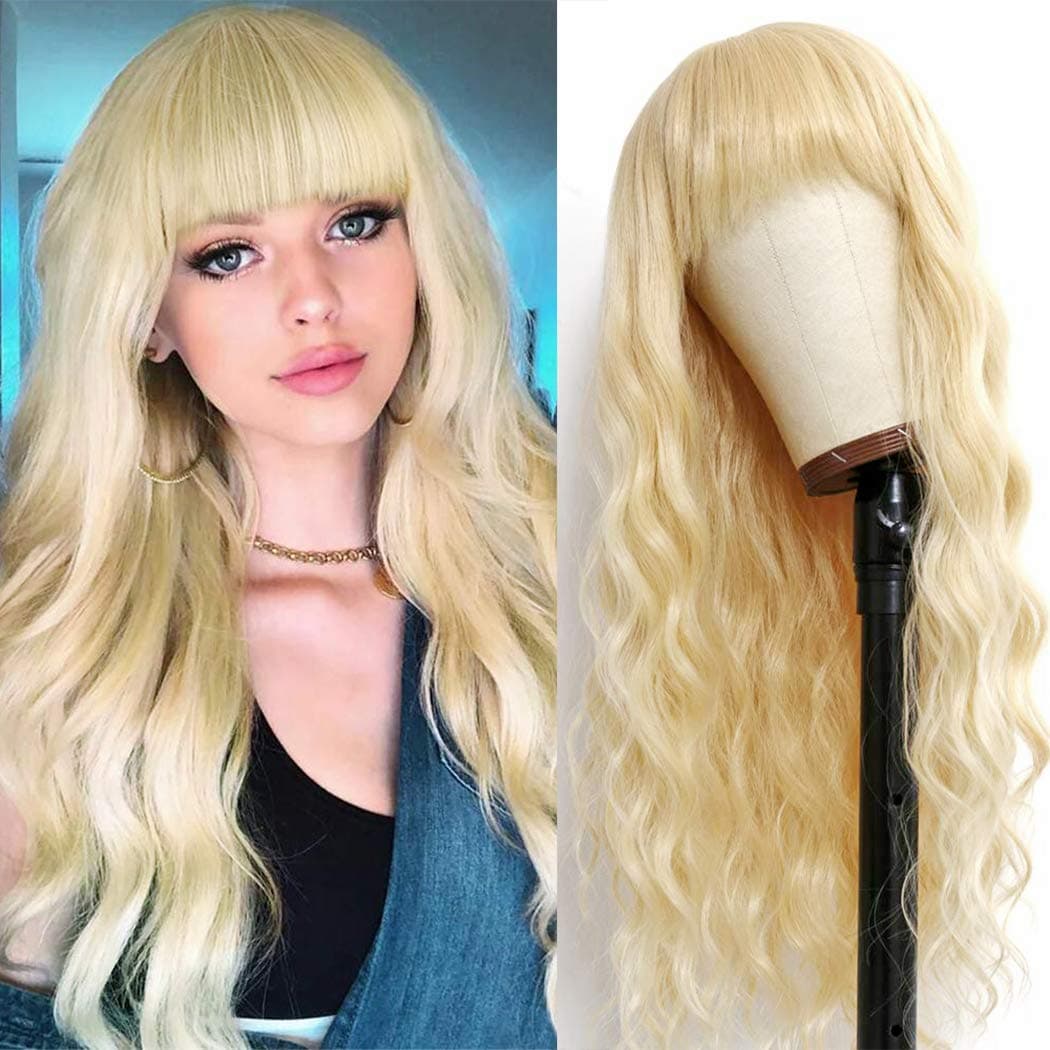 Relena Long Wavy Blonde Wig with Bangs 30 inch Synthetic Loose Curly Wave Wigs for Women 613 Blonde Fluffy Wavy Wig Long Blonde Cosplay Party Wig