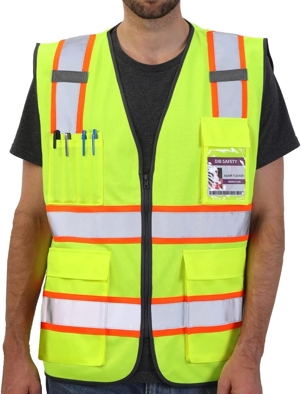 Dib Safety Reflective Vest High Visibility Two Tone with Pockets and Zipper, ANSI Class 2 Compliant, Yellow with Orange Trim 2XL