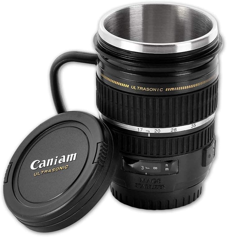 Mini Camera Lens Coffee Mug 7.3 Ounce Stainless Steel Insulated Cup with Lid Novelty Mug - Black