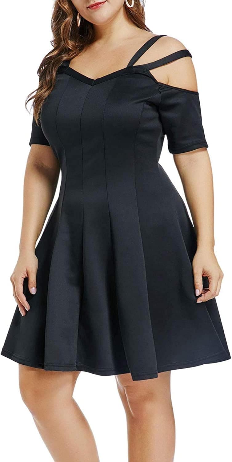 Women Strappy Cold Shoulder Short Sleeve Plus Size Casual Fit Flare Dress Black XL