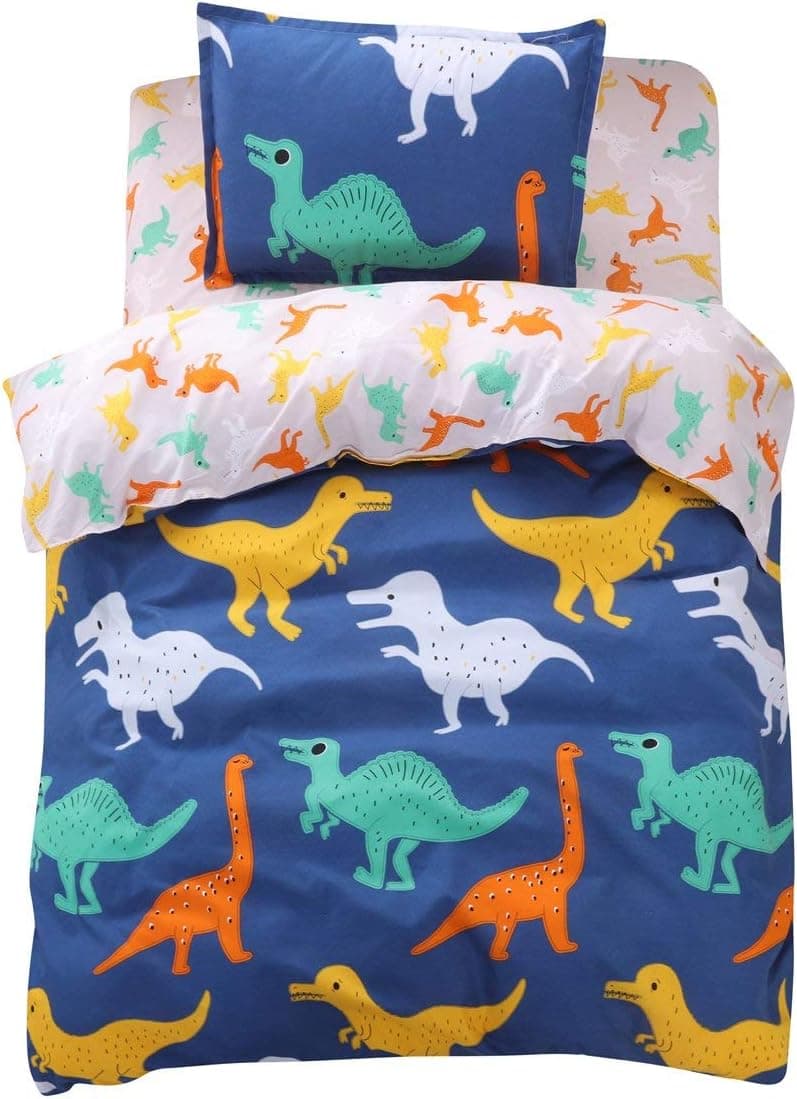 FINDNEW Animal Pattern Reactive Printing Bedding Duvet Cover Set, 3-Piece Suit,1 Duvet Cover,1 Fitted Sheet,1 Pillowcase, for Boys Girls, Cool and Breathable(Twin Size, Dinosaurs)