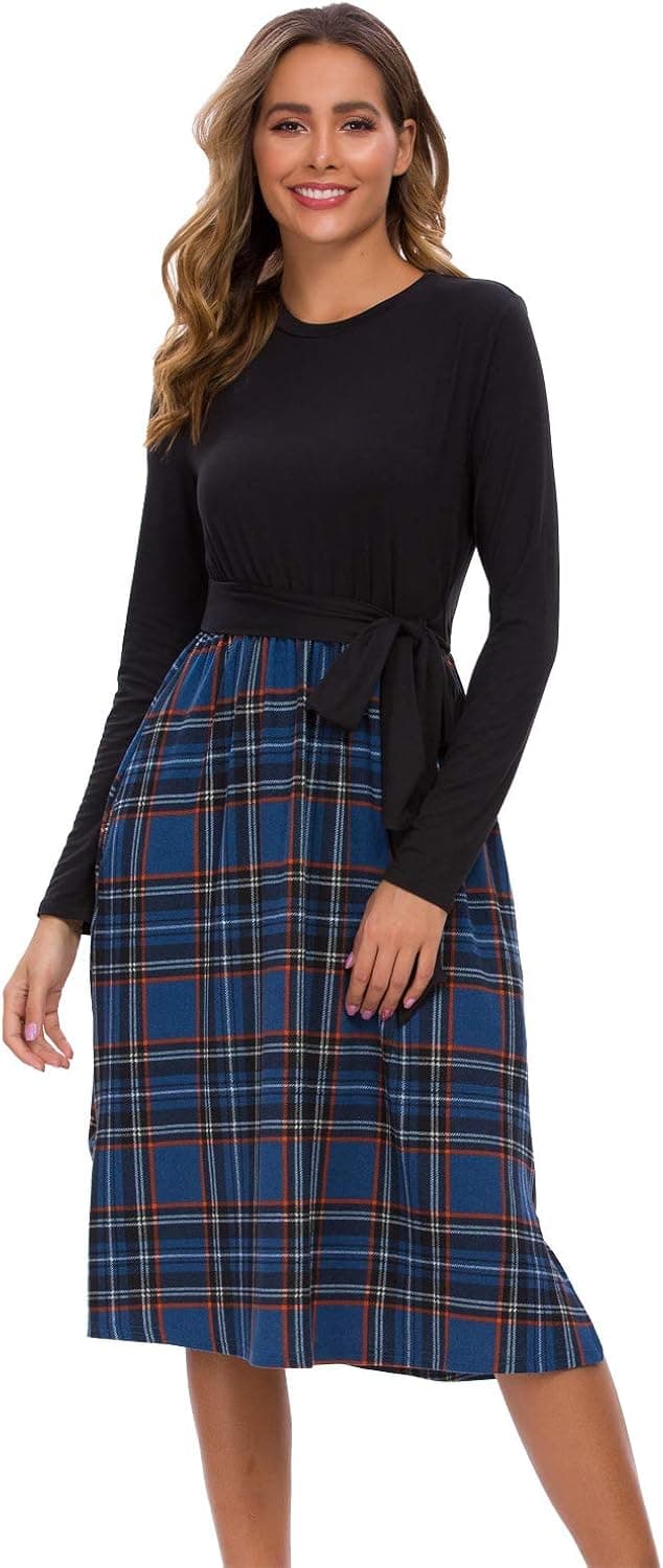 levaca Women's Long Sleeve Pleated Polka Dot Modest Midi Work Casual Belt Dress