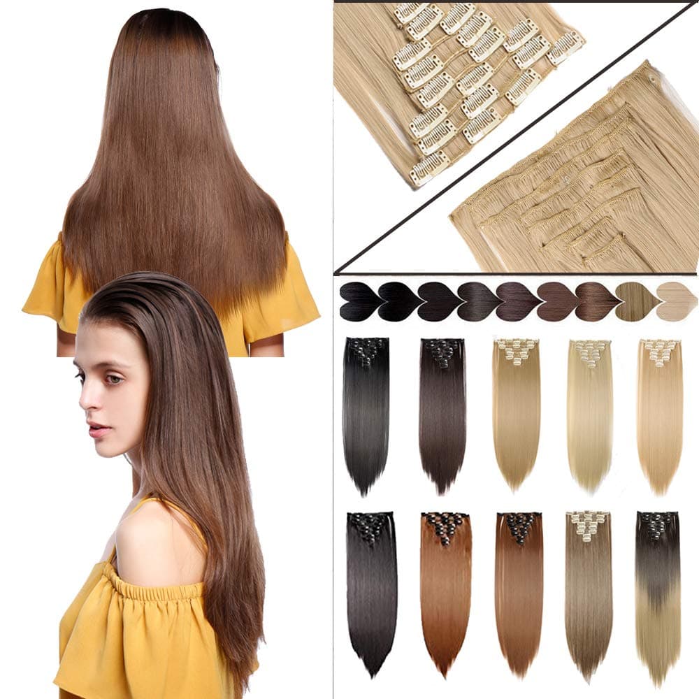 26" Ash Blonde Long Straight Full Head 8 Pcs 18 Clip in Hair Extensions Real Thick Synthetic Hairpieces Party Highlights Pure Ombre Color for Girl Women Girls