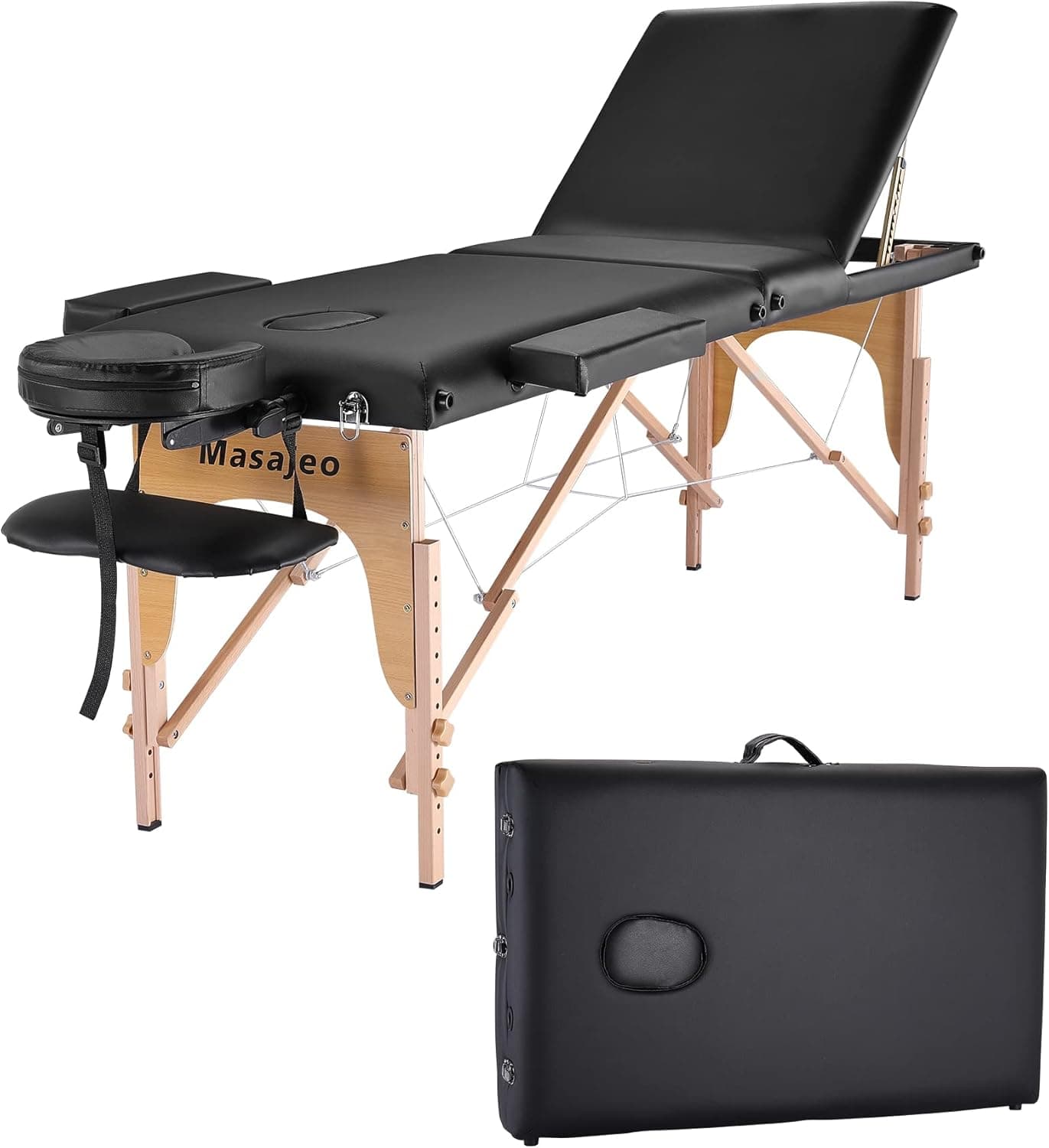 Massage Table Portable Massage Bed Professional Lash Facial Eyelash SPA Bed Reiki Table, 3 Section Wooden Frame Height Adjustable with Accessories & Carrying Bag, 84 Inch Long