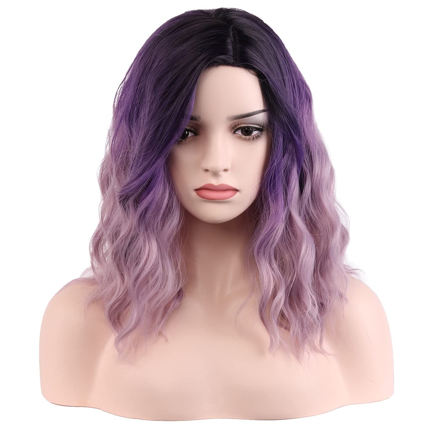 incohair 14 Inches Purple Ombre Wigs for Women Short Curly Wavy Bob Wigs Dark Roots to Purple 3 Tone Color Side Part Synthetic Cosplay Party Daily Wigs Wig Cap Included