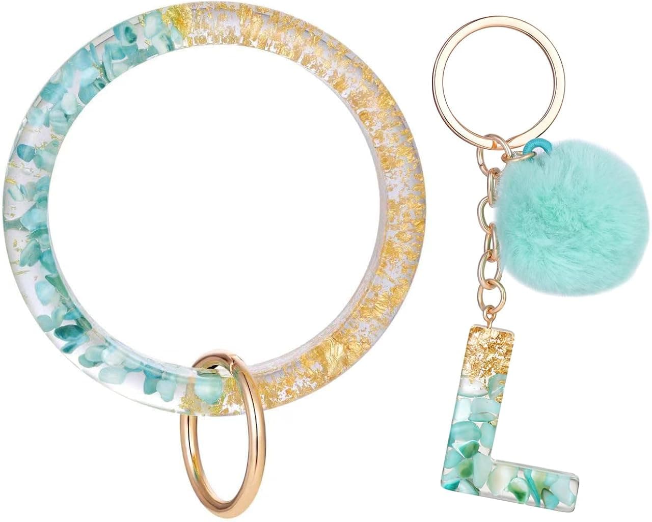 QYDCX Letter A-Z Keychian Teal Resin Bracelet Handmade Key Ring Wrist Pom Pom Wristlet Circle Bracelet Holder for Women Girls