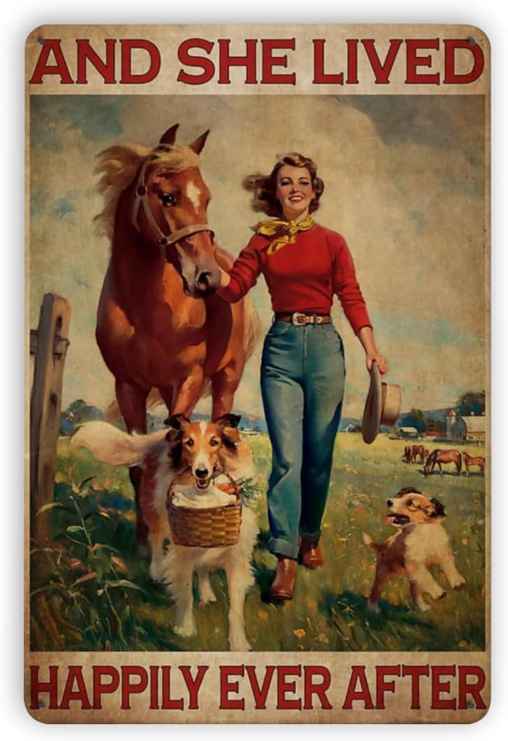 Youshentin Metal Tin Retro Sign- Vintage Girl with Horse & Dogs Poster, She Lived Happily Ever After Art, Wall Living Room Decor 8X12 Inches, White