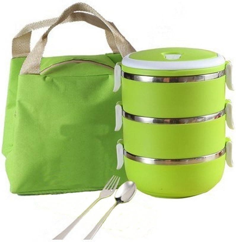 Stainless Steel Round Lunch Box, Insulated Lunch Bag, Lock Container Bag, Spoon and Fork Set, Food Storage Boxes for work and school,3-Tier Insulation Storage Boxes with Lunch Box Bag