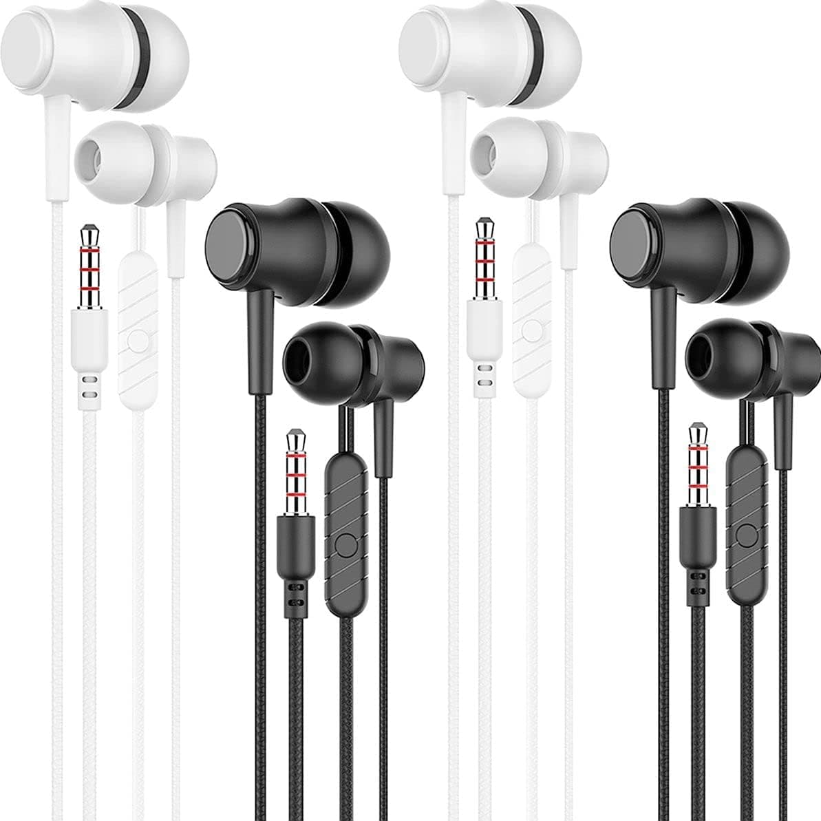 4 Packs in-Ear Headphones Earphones, Wired Earbuds Earphones for MP3 MP4 iPod iPhone Samsung with Round Headphone Plug 4 Packs(Black, White) ER-4P