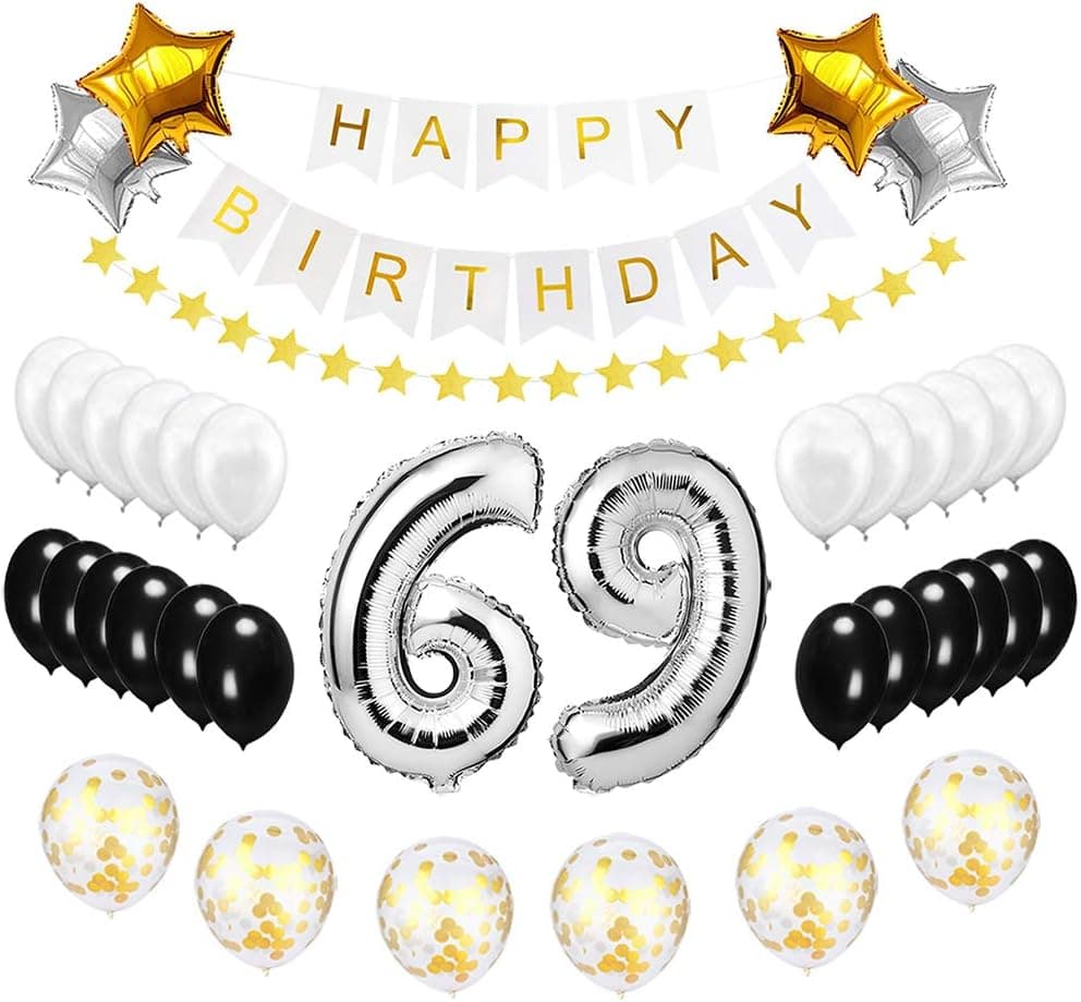 Happy to 69th Birthday Balloons Silver Set - Birthday Theme Decorations For 69 Years Old Party Supplies
