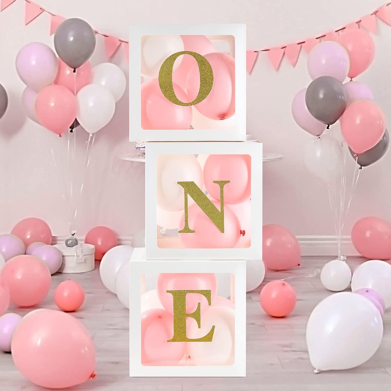 First Birthday Balloon Boxes Decorations for Girl 1st Birthday Blocks Set for Baby Boy Transparent ONE Letter Blocks Boxes Letters for 1 Year Birthday Baby Shower Party Decorations Backdrop