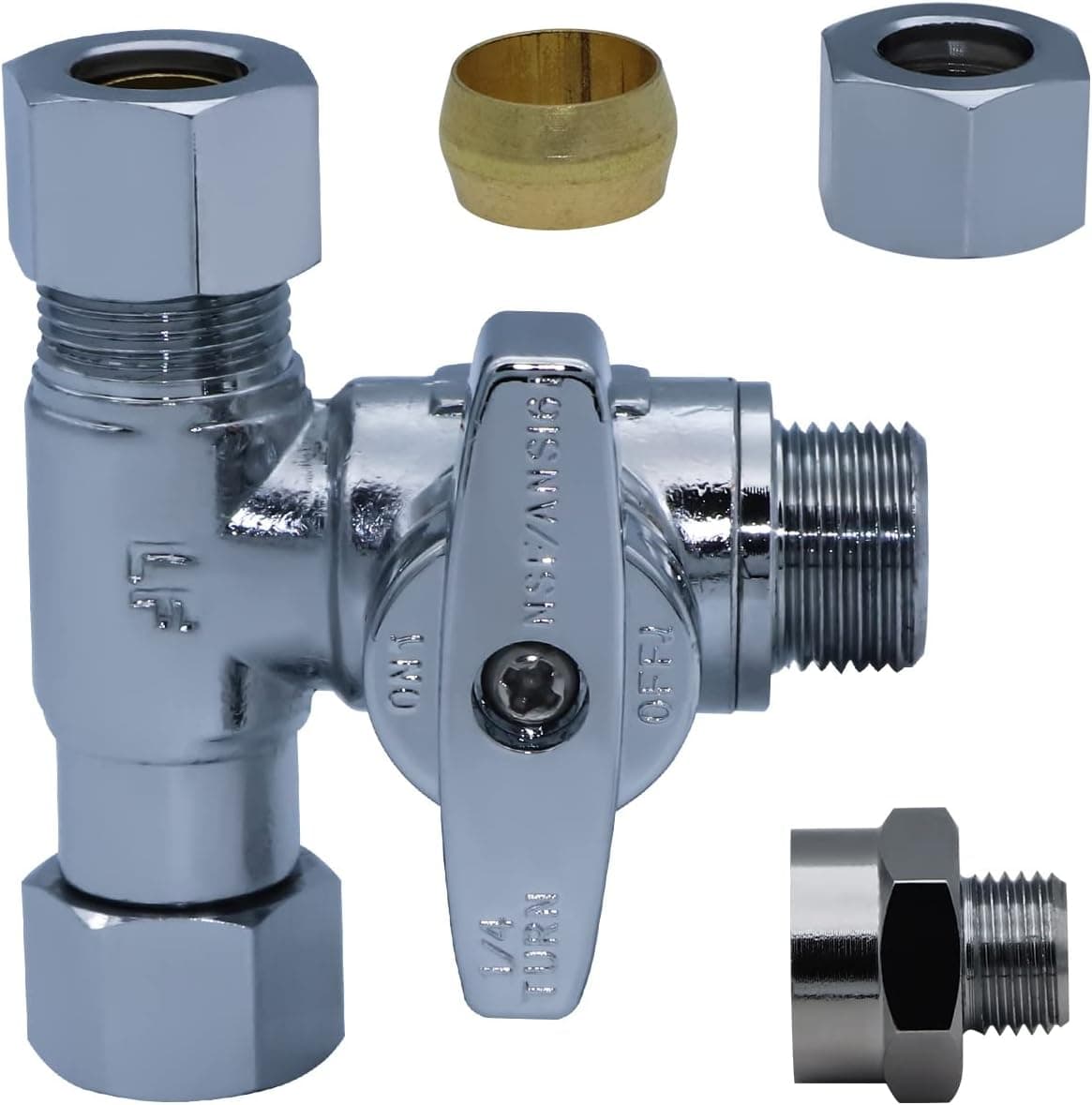 YUHX Brass Angle Stop Add-A-Tee Valve, 3/8 Inch Compression Outlet Easy Connect 3 Way Diverter 3/8"x3/8"x1/4" or3/8"Ice Maker RO System T