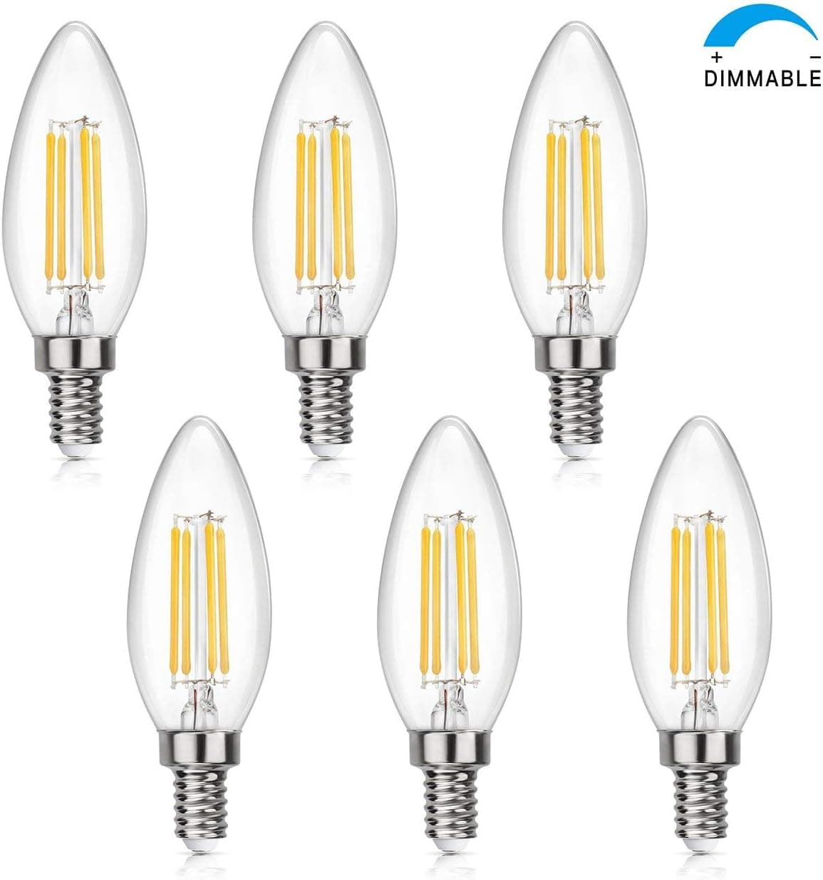 Candelabra LED Filament Bulbs Dimmable 40W Equivalent, 3000K Warm White Chandelier B11 LED Bulb E12 Base Decorative Candle Light Bulb, 6-Pack