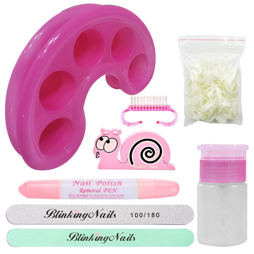 2pc Five Fingers Soak Bowl Color Pink,50pc Ring Nail Display Card,Dispenser Bottle,Nail File,Fine Nail Buffer Block,Nail Brush,Toe Separators,Nail Art Correction Pen for Gel Nail Polish Remover Set