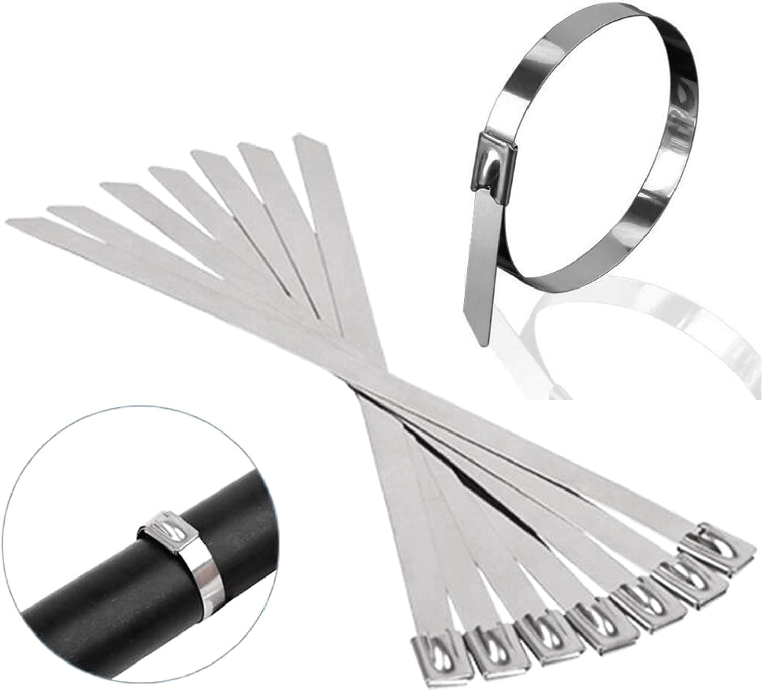 Huaesem Stainless Steel Cable Zip Ties 7.5 Inch, Multi-purpose Heavy Duty Self-Locking Tie Wraps, Metal Zip Ties for Exhaust Wrap, Fence, Outdoor and Canopy Etc. (0.18‘’ x 7.5‘’, 50 Pcs)