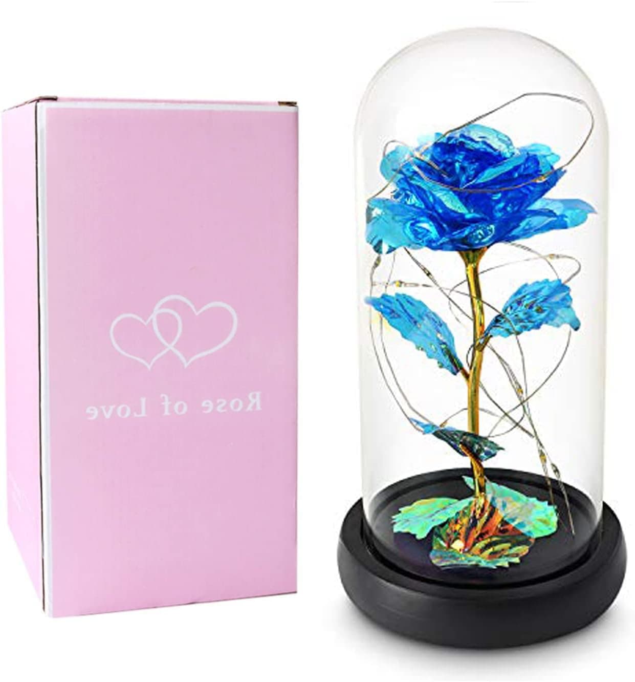 Christmas Rose Gifts for Women Mom, Beαuty and The Beαst Glass Blue Rose Gifts, Colorful Led Lights in The Dome Glass, Birthday Gifts Christmas Unique Gifts for Her Mom Grandma Teenage Girls
