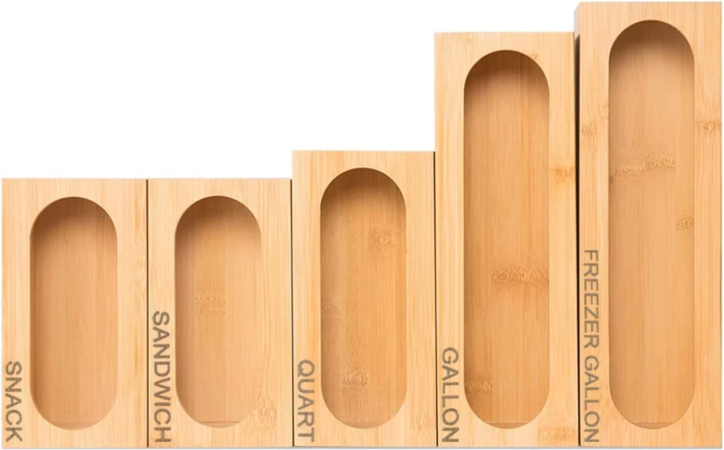 Ziplock Bag Storage Organizer for Kitchen Drawer, 5 Bamboo Zip Lock Bag Container Organizer, Compatible with Ziploc, Solimo, Glad, Hefty for Gallon, Quart, Sandwich and Snack Variety Size Plastic Bag Dispenser