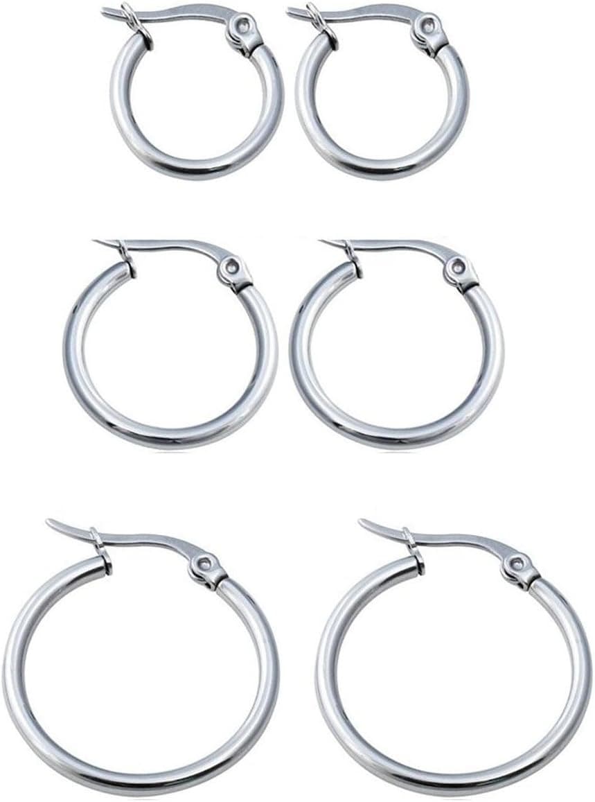 Jewelry Women's Cute Small Hoop Earrings Stainless Steel 3 Pairs a Set 1A01