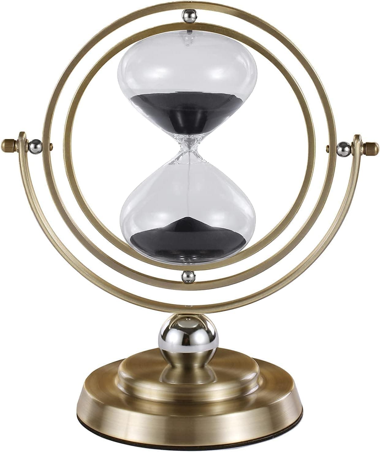 Large 60 Minute Hourglass Timer with Black Sand , Decorative, Gift, 360° Rotating Brass Zinc Round Sandglass for Kitchen Restaurant Home Office Desk Party Christmas New Year