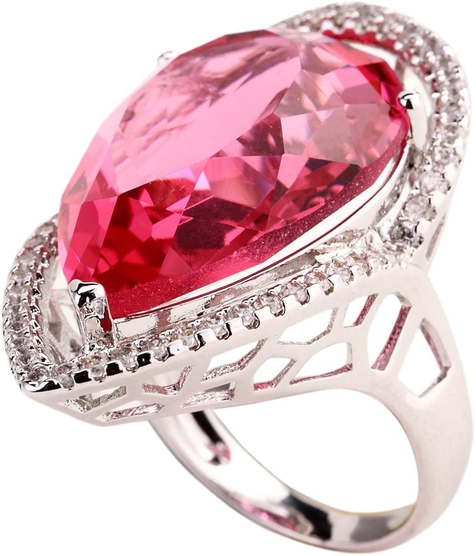 GULICX Silver Tone 18 * 26mm Crystal Cubic Zirconia Pear Drop Ring Women's Pink
