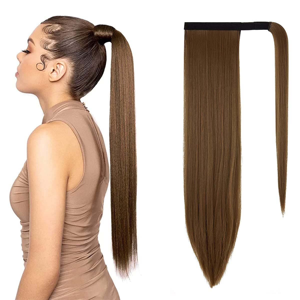 OKHOTY Ponytail Extension Wrap Around Ponytail Hair Extension for Women 28 Inch Long Straight Ponytail Extension Synthetic Clip in Ponytail Hairpiece(28'', Light Chestnut Brown)