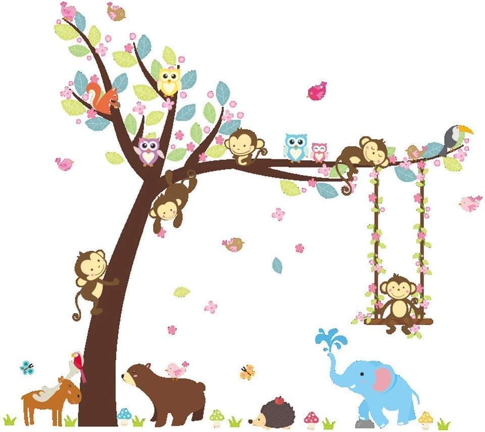 AWAKINK Cartoon Tree Lovely Animals Elephant Bird Bear Monkey Swing Wall Stickers Wall Decal Vinyl Removable Art Wall Decals for Girls and Boys Nursery Room Children's Bedroom