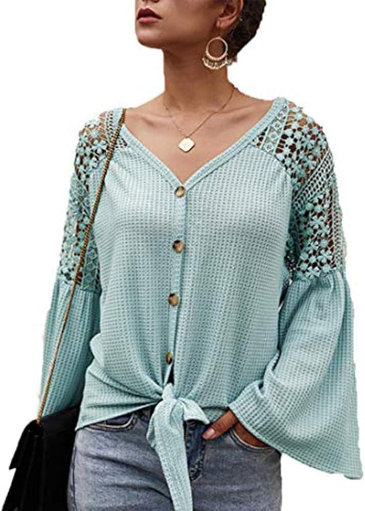 Women's Lace Crochet V Neck Bell Sleeve Button Down Shirts Casual Loose Blouses Top