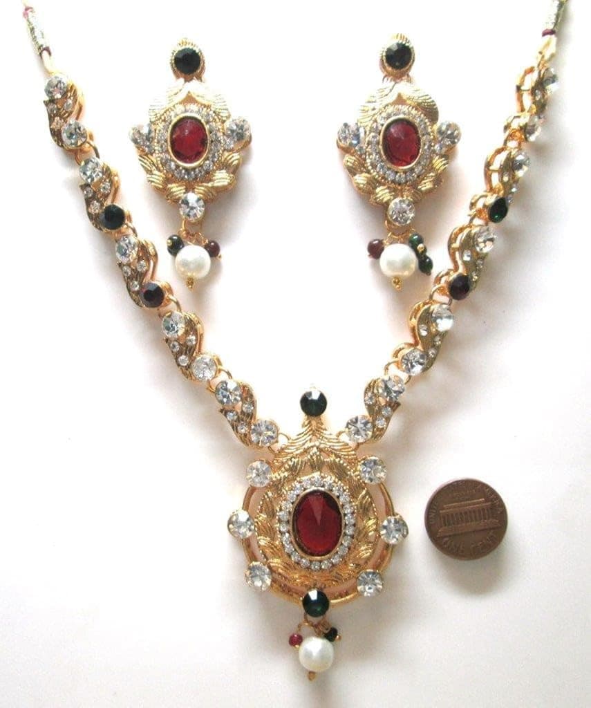 Burgundy Green Color Faux Emerald Imitation Pearl Golden Look 52 gm 3 Pcs Awesome Necklace Earring Set FSYETZA