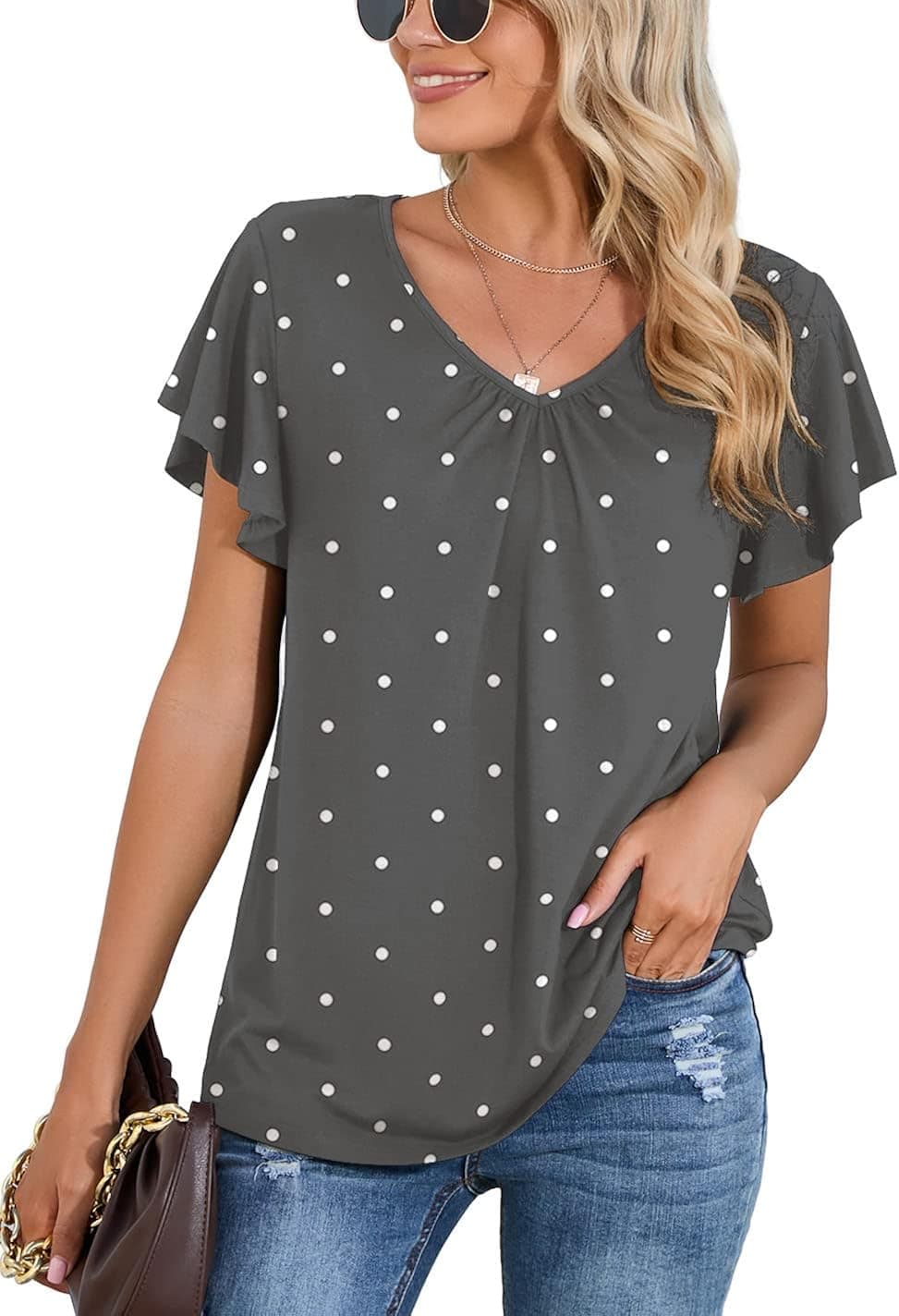 Iandroiy Women's Casual Shirred V-Neck Top Ruffle Short Sleeve Shirts Basic Pleated Top