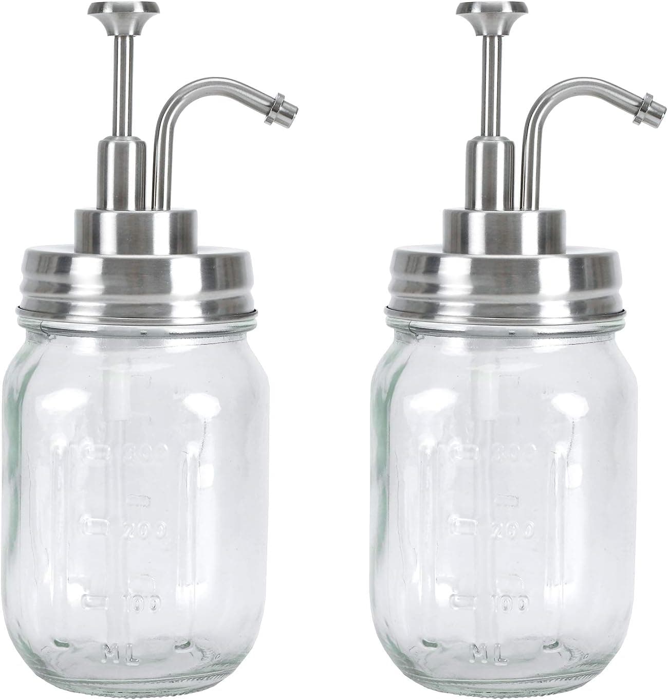 Tebery 2 Pack Clear Glass Mason Jar Soap Dispensers 16-Ounce Refillable Bathroom Soap Dispensers with Rustproof Stainless Steel Lotion Pump for Dish Soap, Liquid Hand Soap, Lotion, Shampoo