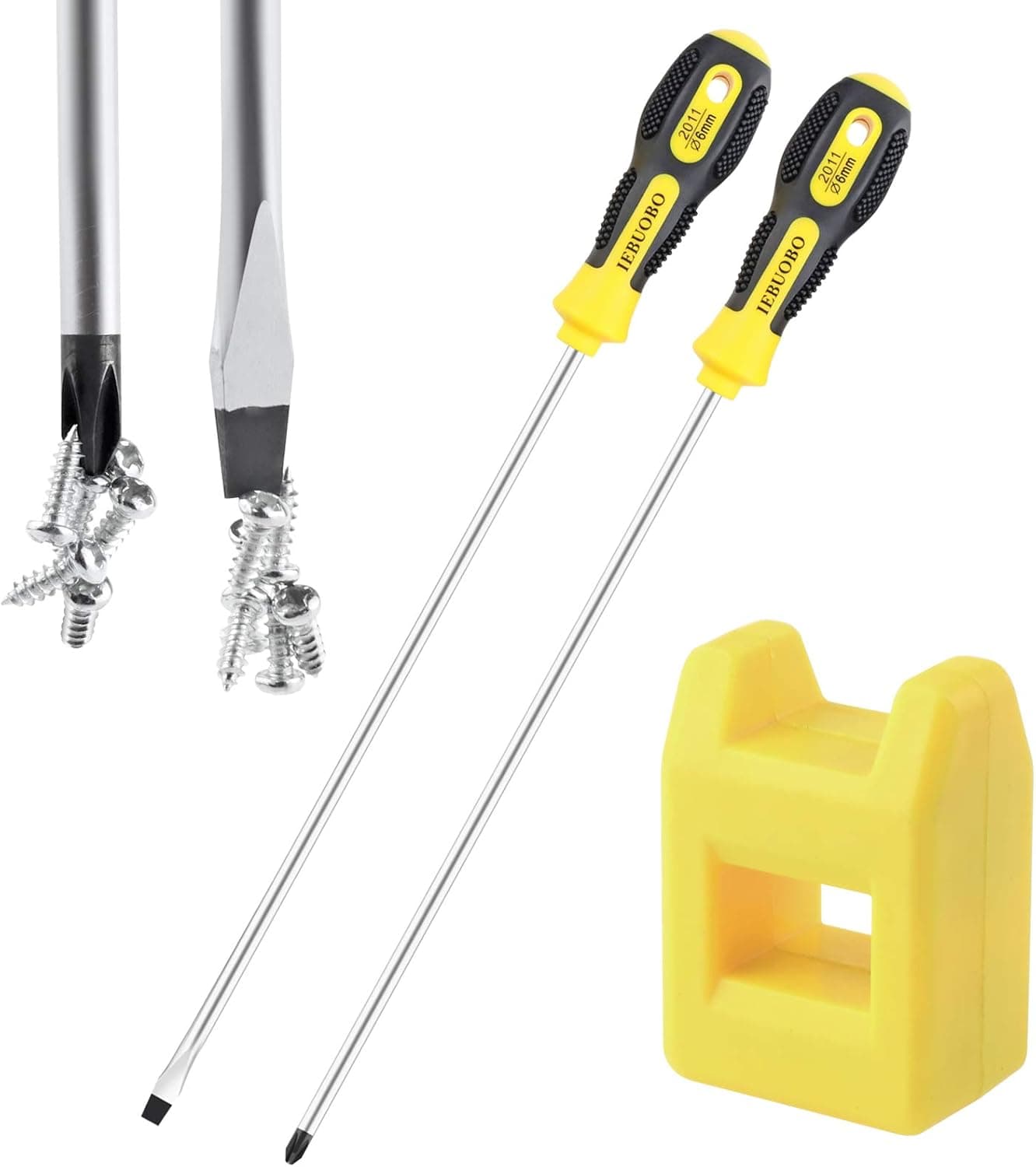 IEBUOBO Slotted and Phillips Screwdriver, PH2 12" Long Cross-head Screwdriver & Flat Blade Screwdriver, 2 Packs Magnetic Screwdriver with Rubber Handle, With Magnetizer/Demagnetizer Tool