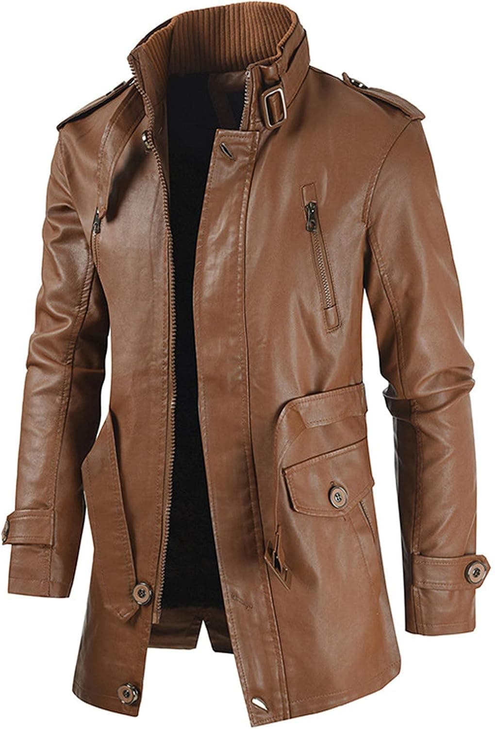 Homisy Leather Jacket Men,Vintage Motorcycle Jacket Stand-collar Four-pocket Coats Regular Fit Button Down Leather Jacket