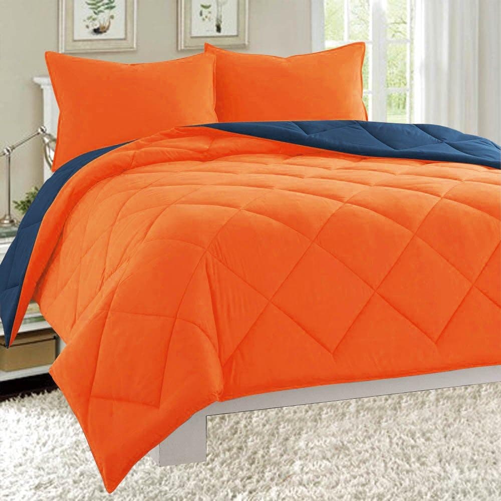 Qutain Linen Dayton Down Alternative 3-Piece Reversible Comforter Set Soft Brushed Microfiber Quilted Bed Cover (Twin, Orange & Navy)