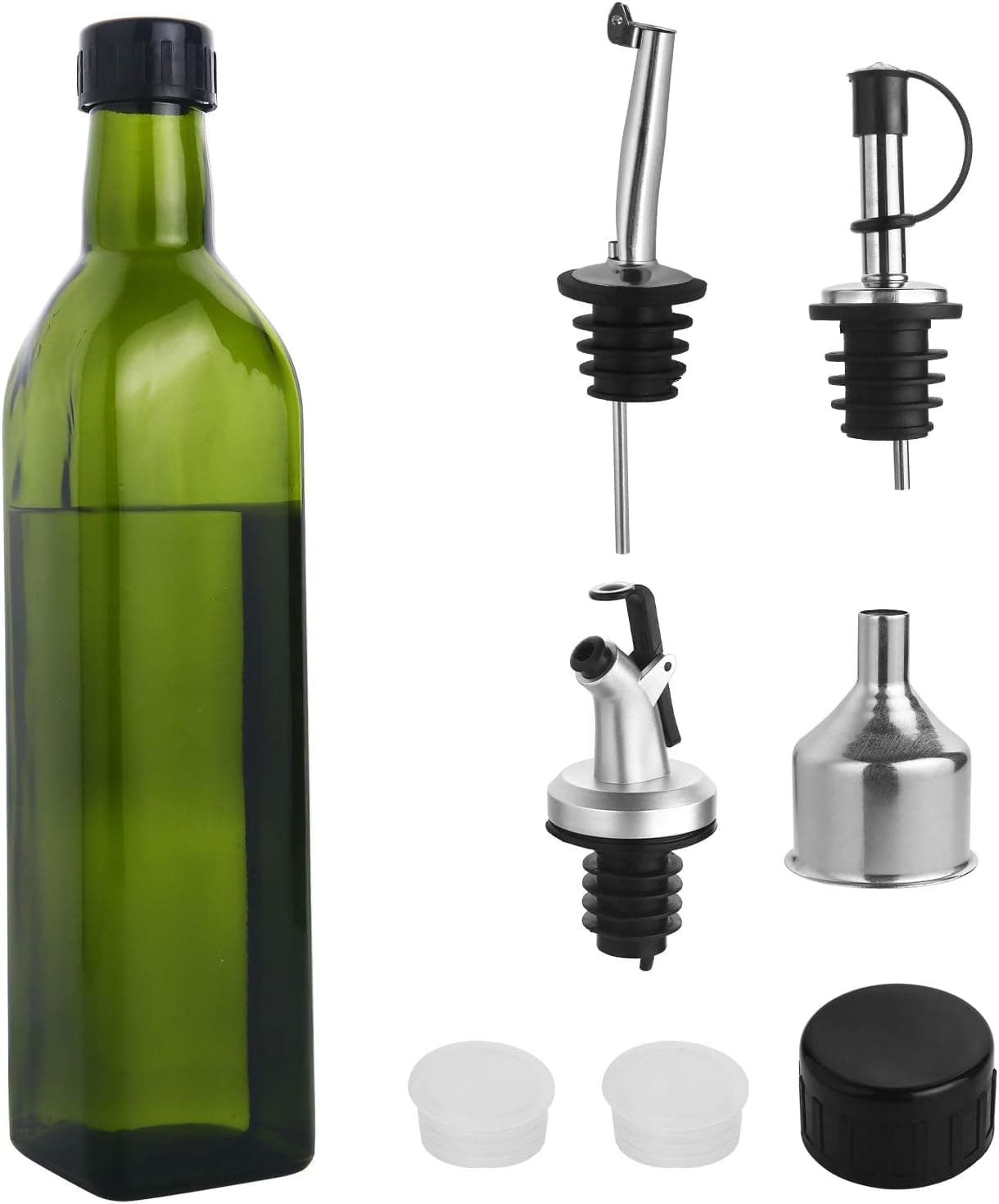 Glass Olive Oil Dispenser Bottle - [500 ml / 17 fl. oz.] Dark Green Oil and Vinegar Cruet with Pourers, Funnel and Spout Set - Olive Oil Carafe Decanter for Kitchen