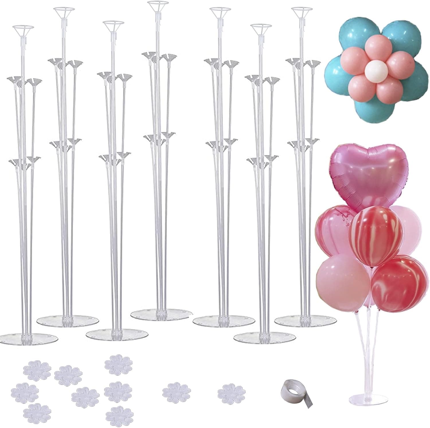 Table Balloon Stand Kit - 7 Sets,Reusable Clear Balloon Holder Stand for Table with Balloon Flower Clips,Glue Dot for Birthday Wedding Party Decorations,Christmas,Happy Birthday Balloons Decorations