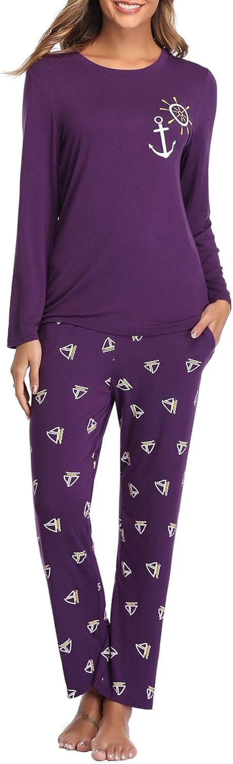 Lusofie Womens Pajama Sets Long Sleeve Pj Lounge Pants Set Ladies Soft Sleepwear Print Pattern Nightgowns(Purple,S)