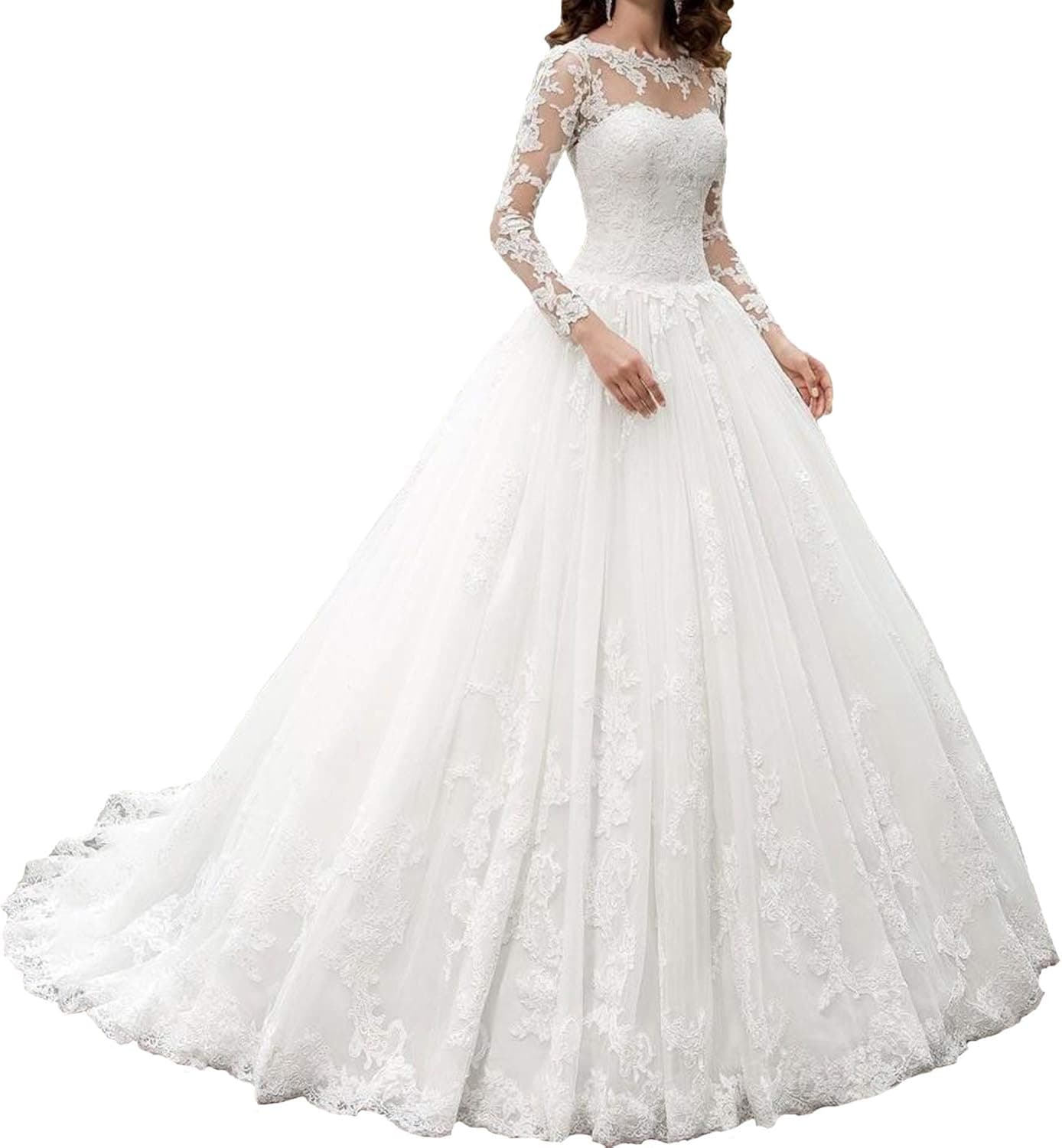 Women's Long Sleeves Lace Wedding Dresses for Bride 2022 A-Line Appliques Scoop Bridal Ball Gowns with Train